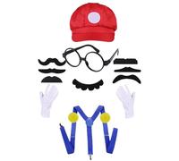MUNSKT Disfraz de Mario Luigi con sombrero de Mario rojo/verde con 7 bigotes adhesivos, guantes, botones y gafas, traje de cosplay para adultos, decoración de fiesta de carnaval de Halloween (rojo)