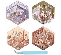 MUNSKT DIY 3D Sticker Scene Stickers, 4 Piezas Pegatinas De Casa 3D De Bricolaje,Terapia De Pegatinas,Divertida Escena Pegatinas DIY(Librería,Restaurante,Supermercado,Cafetería)