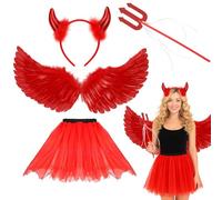 MUNSKT Falda de tul para mujer, vuelos de ángel, halo, varita y alas de ángel, juego de 4 disfraces de ángel para Halloween, carnaval, cosplay, fiesta, disfraz de adulto (rojo)