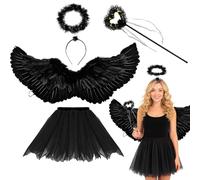 MUNSKT Falda de tul para mujer, vuelos de ángel, halo, varita y alas de ángel, juego de 4 disfraces de ángel para Halloween, carnaval, cosplay, fiesta, disfraz de adulto (negro)