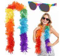 MUNSKT Feather Boa Rainbow Block Colours Approx 120 cm and 1 Pair of Colourful Sunglasses Perfect for Carnival,Halloween