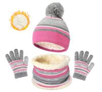 MUNSKT Juego de 3 gorros de punto a rayas de invierno para niños, bufanda, guantes con forro polar grueso, algodón térmico, pompón, calentador de cuello para niños y niñas, rosa, Talla única