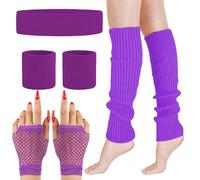 MUNSKT Juego de 4 calentadores de piernas, guantes de red, diadema, muñequeras, accesorios de disfraz de los años 80, disfraces de fiesta temática retro de los años 80 (purple, one size)