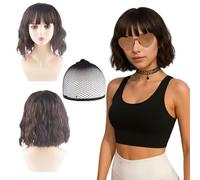 MUNSKT Juego de 4 piezas: peluca de pelo corto marrón con flecos, incluye redecilla, gafas de sol y collar. Ideal para fiestas, cosplay, disfraces históricos y uso diario. Peluca de pelo corto para