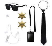 MUNSKT Juego de 6 accesorios para disfraz de agente, kit de espía de servicio secreto con 2 insignias, gafas de sol negras, corbata, tarjetero, auricular para hombres, mujeres y niños