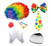 MUNSKT - Juego de accesorios para disfraz de payaso (7 unidades, peluca afro arcoíris, corbata colorida, nariz de payaso, guantes, silbato, pajarita colorida, red de pelo para juegos de rol, mardi