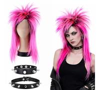 MUNSKT Punk Wig - Conjunto de collar largo para adultos, vestido largo para adultos, 70s, 80s, pelucas de mulet, rockero, diva rocker para carnaval, fiesta, festival de Halloween (rosa)