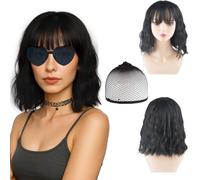MUNSKT Set de 4 Piezas: Peluca Corta Negra con Flequillo, Incluye Red para el Cabello, Gafas de Sol y Collar - Ideal para Fiestas, Cosplay, Trajes Históricos y Uso Diario