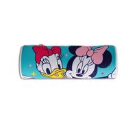 MUNTRADE Estuche Escolar Infantil Minnie Mouse Redondo con Cremallera | Portatodo Cilíndrico para Lápices y Bolígrafos | Diseño Minnie y Daisy Rosa y Turquesa