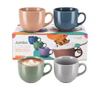 MUNTRADE Juego de 4 Tazas 500 ml | Mugs Grandes para Café, Leche, Té, Cacao o Infusiones | Pack de Tazas de Desayuno con Asa | Colores Azul, Gris, Beige y Verde