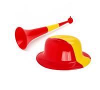 MUNTRADE Pack de Animación España | Vuvuzela + Sombrero Bombín 26 x 23 cm | para Partidos, Fiestas, Peñas y Eventos Deportivos