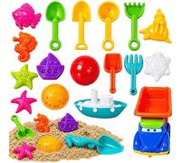 MUNTRADE Pack Juguetes de Playa 17 Piezas para Niños | Set Completo con Camión, Barco, Pelota, Pala, Rastrillo y Moldes de Arena | Kit Infantil para Playa, Jardín, Piscina y Arenero