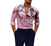 Munweiyu Camisa hawaiana para hombre, serie musical, camisa de verano estampada, camisa de manga larga, botones hawaianos, cuello alto, camisa de una sola fila, camiseta de negocios, gráfica, notas