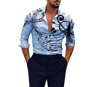 Munweiyu Camisa hawaiana para hombre, serie musical, camisa de verano estampada, camisa de manga larga, botones hawaianos, cuello alto, camisa de una sola fila, camiseta de negocios, gráfica, notas