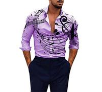 Munweiyu Camisa hawaiana para hombre, serie musical, camisa de verano estampada, camisa de manga larga, botones hawaianos, cuello alto, camisa de una sola fila, camiseta de negocios, gráfica, notas