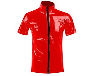 Munweiyu Chaquetas de piel sintética para hombre, aspecto mojado, chaqueta de piel sintética, camisa, aspecto lacado, camisa de policía, camisa de policía, cremallera, cremallera, club, ropa de látex