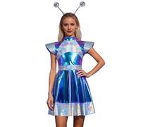 Munweiyu Disfraz de extranjero de piel sintética para mujer, vestido de niña espacial con diadema brillante metálica, minivestido de astronauta, sin mangas, vestido de fiesta, para Halloween, carnaval