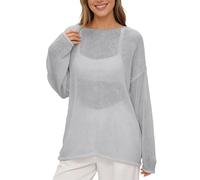 Munweiyu Jersey de ganchillo para mujer, cuello redondo, manga larga, jersey de punto de gran tamaño, con aguja de ganchillo, cubierta de malla hueca, parte superior de Lechit, informal, informal