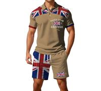Munweiyu Traje de bandera británica europea para hombre camisa de manga corta con botones y pantalones cortos traje de playa de negocios holgado 2 piezas conjunto de bandera de verano ropa de calle