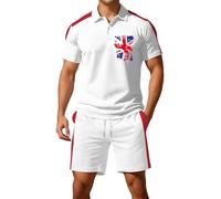 Munweiyu Traje de ocio para hombre, 2 piezas, camiseta de manga corta con pantalones cortos, pantalones cortos, traje de verano, bandera del Reino Unido, traje de dos piezas, con botones, traje
