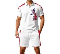 Munweiyu Traje de ocio para hombre, 2 piezas, camiseta de manga corta con pantalones cortos, pantalones cortos, traje de verano, bandera del Reino Unido, traje de dos piezas, con botones, traje