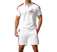 Munweiyu Traje de verano de la bandera del Reino Unido para hombre, traje de deporte ajustado, manga corta, botones, camisa polo + pantalones cortos, pantalones cortos Union Jack Chándal Bandera