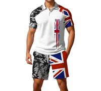 Munweiyu Traje deportivo de bandera británica para hombre, traje de verano de corte regular, juego de 2 piezas, camisa de manga corta con botones + pantalones cortos, estampado de bandera del Reino