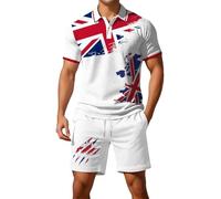 Munweiyu Traje deportivo de bandera británica para hombre, traje de verano de corte regular, juego de 2 piezas, camisa de manga corta con botones + pantalones cortos, estampado de bandera del Reino