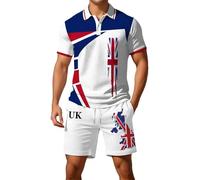 Munweiyu Traje deportivo de bandera británica para hombre, traje de verano de corte regular, juego de 2 piezas, camisa de manga corta con botones + pantalones cortos, estampado de bandera del Reino