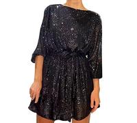 Munweiyu Vestido corto con lentejuelas brillantes para mujer, cuello redondo, manga larga, vestido de cóctel, vestido de fiesta, con cordones, vestido de lentejuelas, vestido corto, elegante, cóctel