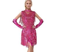 Munweiyu Vestido de lentejuelas con flecos para mujer, vestido con flecos, elegante, sin mangas, vestido de fiesta, retro, festivo, vestido de baile latino, ropa de danza, Rumba Cha Cha, Rosa caliente