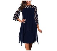 Munweiyu Vestido de verano de malla calado para mujer, vestido informal de gran tamaño, elegante, manga 3/4, vestido de blusa, vestidos de cintura alta, vestido de cóctel, largo hasta la rodilla