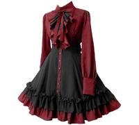 Munweiyu Vestido gótico para mujer, vestido con volantes, Steampunk, Lolita, línea A, minivestido de manga larga, vestido corto, vestido kawaii, ropa medieval, vestido vintage, vestido de estilo