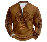Munweiyu Vikings Camiseta Hombre Divertido Jersey Mitología Nórdica Sudadera con Cremallera Sudaderas Runas Brújula Streetwear 3D Impreso Jersey 1/4 Cremallera Suéter de Trabajo, marrón, S