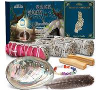 MUOIVG Kit de Atados 100% Naturales - 3 Salvia Blanca y 2 Incienso Palo Santo, Madera Sagrada, Sahumerio Natural y Limpiezas Energías Negativas, con caparazón de abulón