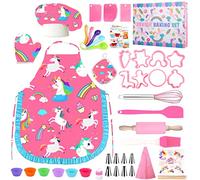 MUOIVG Trajes de Cocina y horneado para niños 49PCS, Delantales, Gorros de Chef, Guantes y Accesorios de Cocina para niños, Rosa Disfraces de Chef, Juego de Roles para Niña Juguetes Regalos 3-10 años