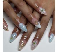 Muorruo 24 piezas de uñas prensadas de verano azul 3D con diseño de estrellas y flores, almendra medio, uñas acrílicas reutilizables de arte francés con diseño de concha oceánica, uñas de playa para