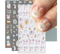 Muorruo 3 hojas de pegatinas en relieve para uñas de Pascua - conejos, huevos, flores, pegatinas autoadhesivas 5D para manicura primaveral con flores, conejos y zanahorias, accesorios para diseño de