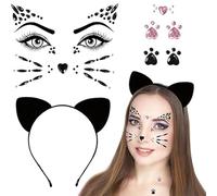 Muorruo Conjunto de diadema de orejas de gato de 3 piezas con decoración facial, diadema de orejas de gato con adhesivos de decoración facial, accesorios para disfraces de adultos, maquillaje,