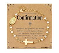 Muorruo Pulseras Católicas como Regalos para Mujeres y Niñas, Pulsera con Perlas Simuladas, Cuentas de Rosario y Colgante de Cruz, Joyería de Confirmación, Regalo Cristiano, Oro