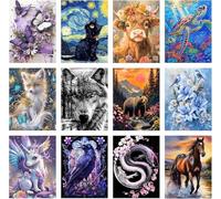 Mupmod Paquete de 12 kits de arte de diamantes 5D para adultos, pintura de diamantes de animales con puntos redondos de diamante para principiantes, pinturas de gemas para decoración de pared del
