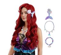 MUPUL Peluca de sirena roja para adultos, peluca rizada roja larga, pelucas de disfraces de Halloween para mujer