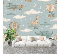 Mural 250x175cm De EnsueñO Animales AvióN Globo AerostáTico Papel Pintado Mural Efecto 3D Papel Tapiz Decorativos pared Murales Póster Azul Claro para Sala de Juegos Cocina Comedor Decoración de Pared