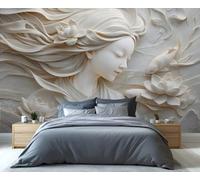 Mural 3D de estatua de mujer en relieve con diseño de loto y peces, papel tapiz estéreo de flores y peces, papel tapiz de arte nórdico moderno para dormitorio, póster mural para sala de estar