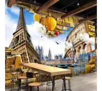 Mural 3D papel pintado con la Torre de París y arquitectura retro; vinilos decorativos para dormitorios y salones
