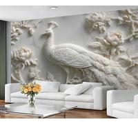 Mural 3D tallado en forma de pavo real blanco y flores, arte mural intrincado con motivos de vida silvestre, decoración lujosa para la pared de acento de la sala de estar y el dormitorio. 280x200cm