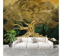 Mural 400x280cm Abstracto Dorado Árbol de la Vida Papel Pintado Mural Efecto 3D Papel Tapiz Decorativos pared Murales Póster Verde oscuro para Sala de Juegos Cocina Comedor Decoración de Pared