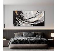 Mural abstracto en lienzo enmarcado, decoración dorada, arte negro para sala de estar, dormitorio, decoración de pared del hogar (50x100cm (20x39in))