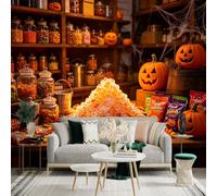 Mural adhesivo de pared de tamaño personalizado, exhibición festiva de caramelos, Jackolanterns y murciélagos, golosinas navideñas, decoración de fiesta de otoño, para decoración de pared, calcomanías