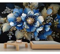 Mural artístico floral azul con detalles dorados y perlados, diseño intrincado y decoración sofisticada para la pared del dormitorio. 400x280cm (No es autoadhesivo)